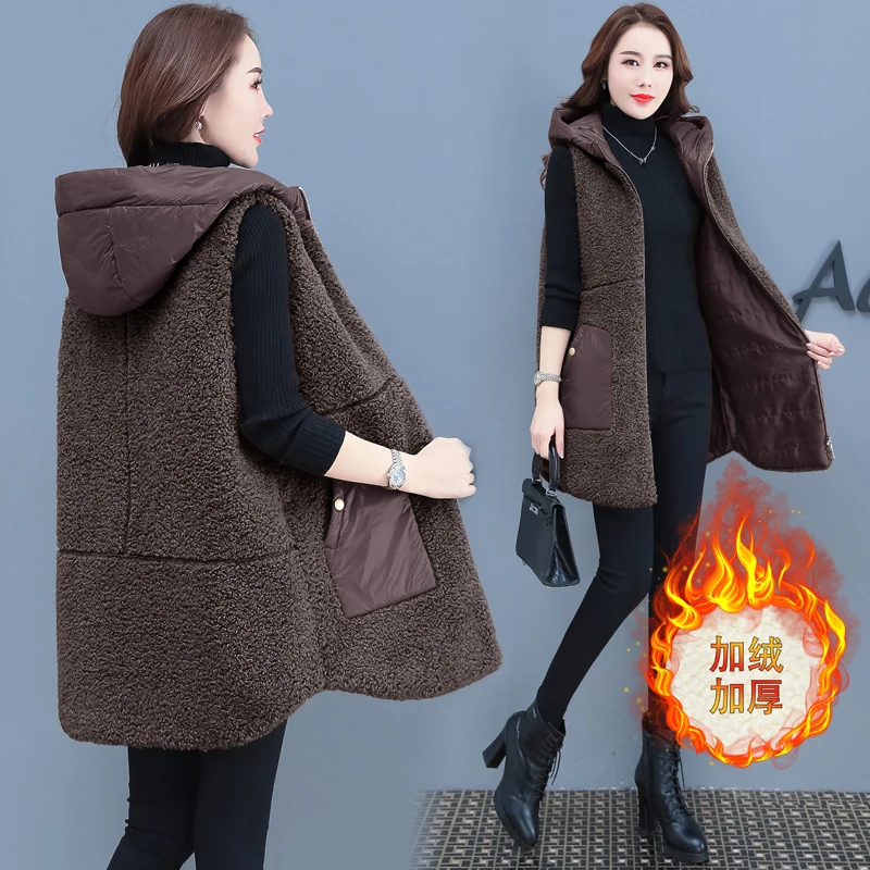 Fashion Vest Women Autumn Winter 2022 New Patchwork Long Vest Loose Size Cotton Vest Jacket Female Hooded Pocket Vest Coat 3XL
