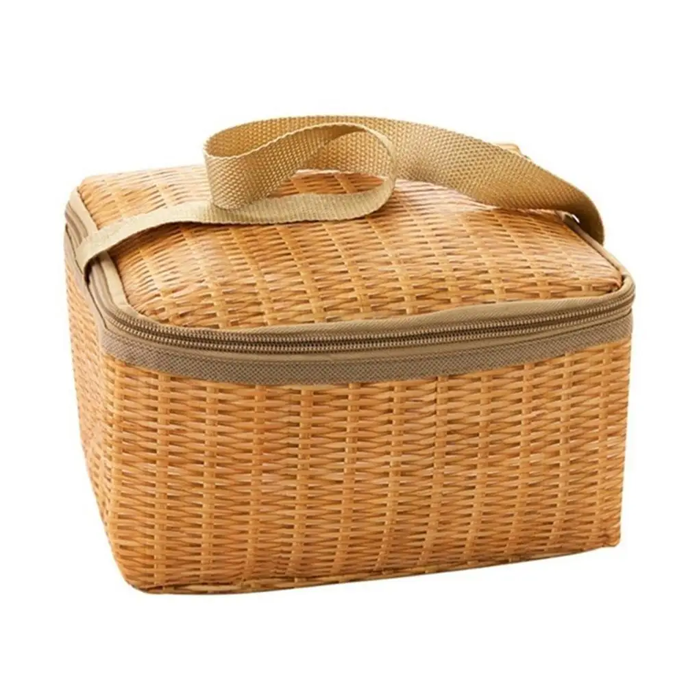 Wicker Rattan Picnic Bag Outdoor Portable Waterproof Bag Insulated Thermal Cooler Food Container Tableware Camping Picnic Basket