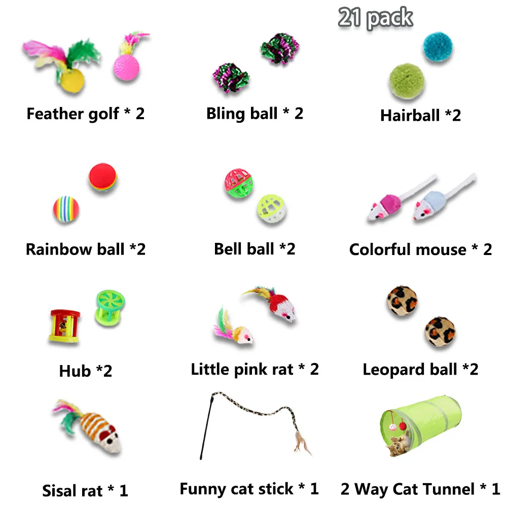 21Pcs Cat Toys Kit Collapsible Tunnel Cat Toy Fun Channel Feather Balls Mice Shape Pet Kitten Dog Cat Interactive Play Supplies