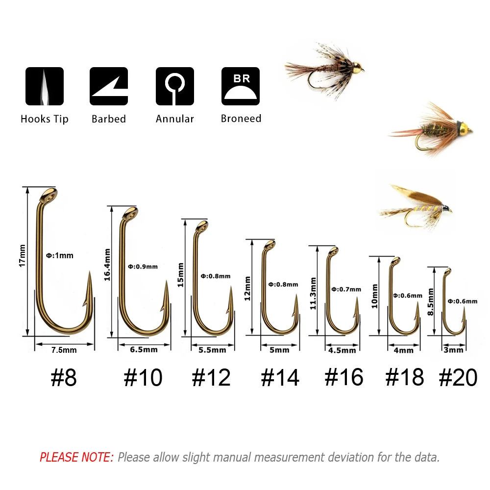 Bimoo 50pcs Fly Fishing Wet Fly Hook 2X Strong Wire Nymph Hook Bronze Finish Fly Tying Material Size #8 #10 #12 #14 #16 #18 #20