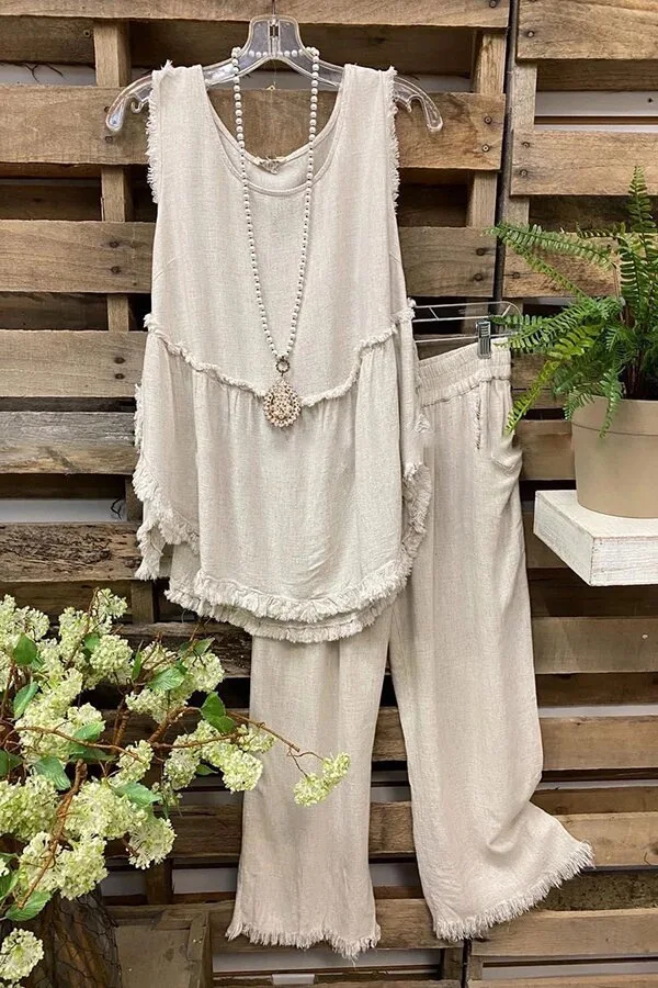 Cotton Linen Summer Two Piece Set Women Casual Solid Sleeveless Frayed O Neck Vest Shirt Wide Leg Pants Trousers Set Suit Outfit