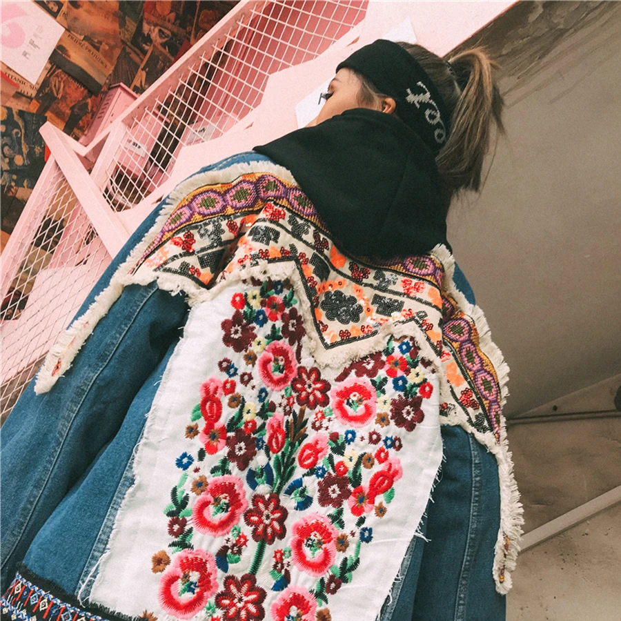 TEELYNN Denim jacket for women autumn vintage floral appliques Embroidery boho jacket long sleeve Outerwear coat female jackets