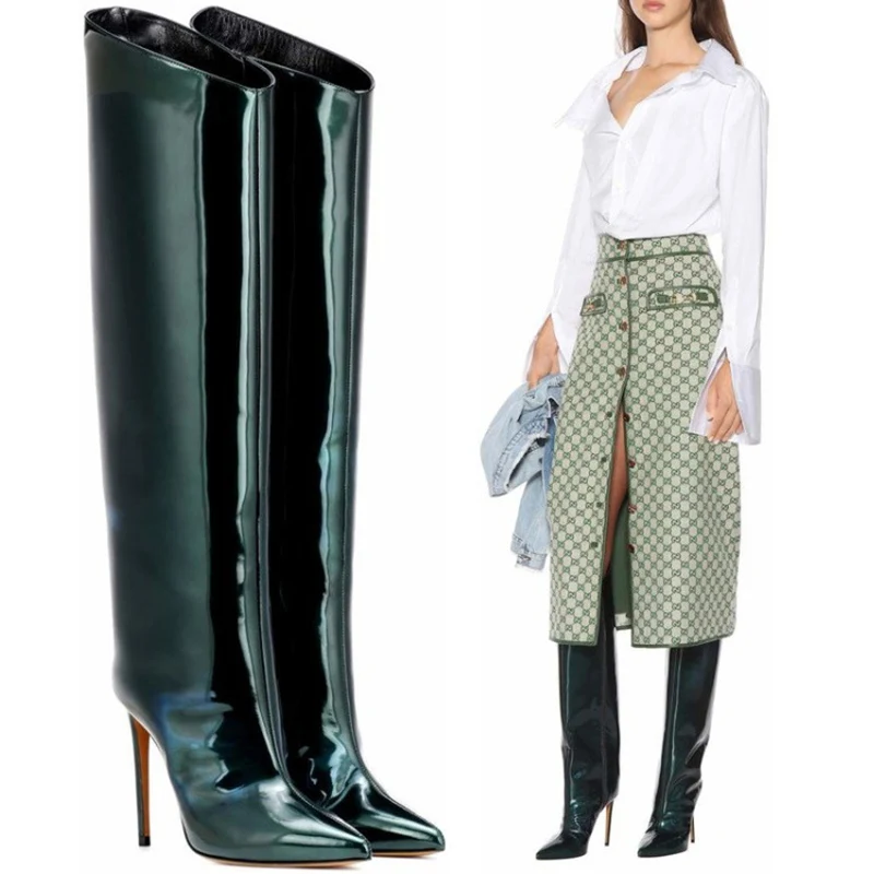 

New Patent Leather Knee High Boots Women Zipper Designer Fashion Runway Shoes Woman Pointed Toe High Heels zapatos de mujer