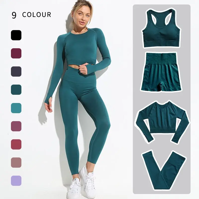 2/3/4PCS Seamless Women Yoga Set Workout Sportswear Gym Clothes Fitness Long Sleeve Crop Top High Waist Leggings Sports Suit2021