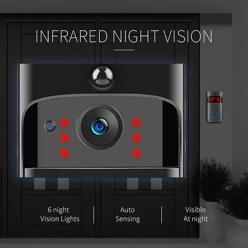 Timbre de puerta con cámara HD WiFi, Detector de movimiento inalámbrico, Audio y altavoz, visión nocturna para iOS y Android