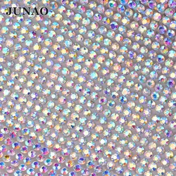 JUNAO 5 Yard*24cm Hot Fix Rhinestones Ribbon Trim Glass Crystal Fabric Roll Wedding Diamond Mesh Iron On Appliques Decoration