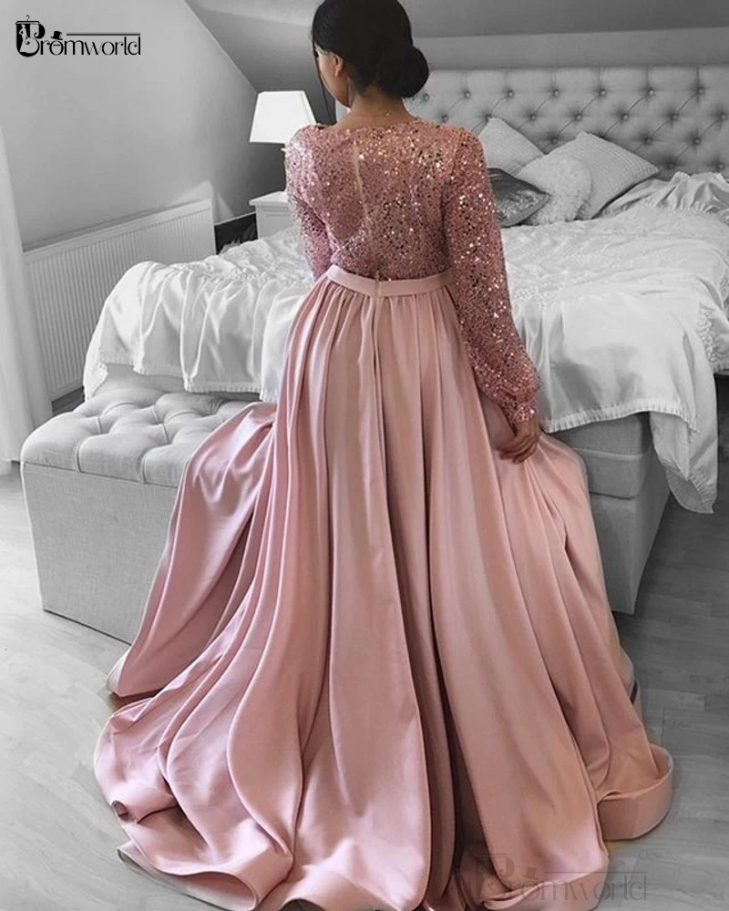 Vestido Formal rosa de manga larga con cuello en V para mujer, corpiño de lentejuelas, satén, línea A, talla grande, noche, graduación, Dubái