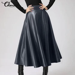 Leather Skirt Ladies Elegant Office Lady Skirt 2023 Celmia PU Solid Color Midi Skirts   Party Skirt High Waist skirt