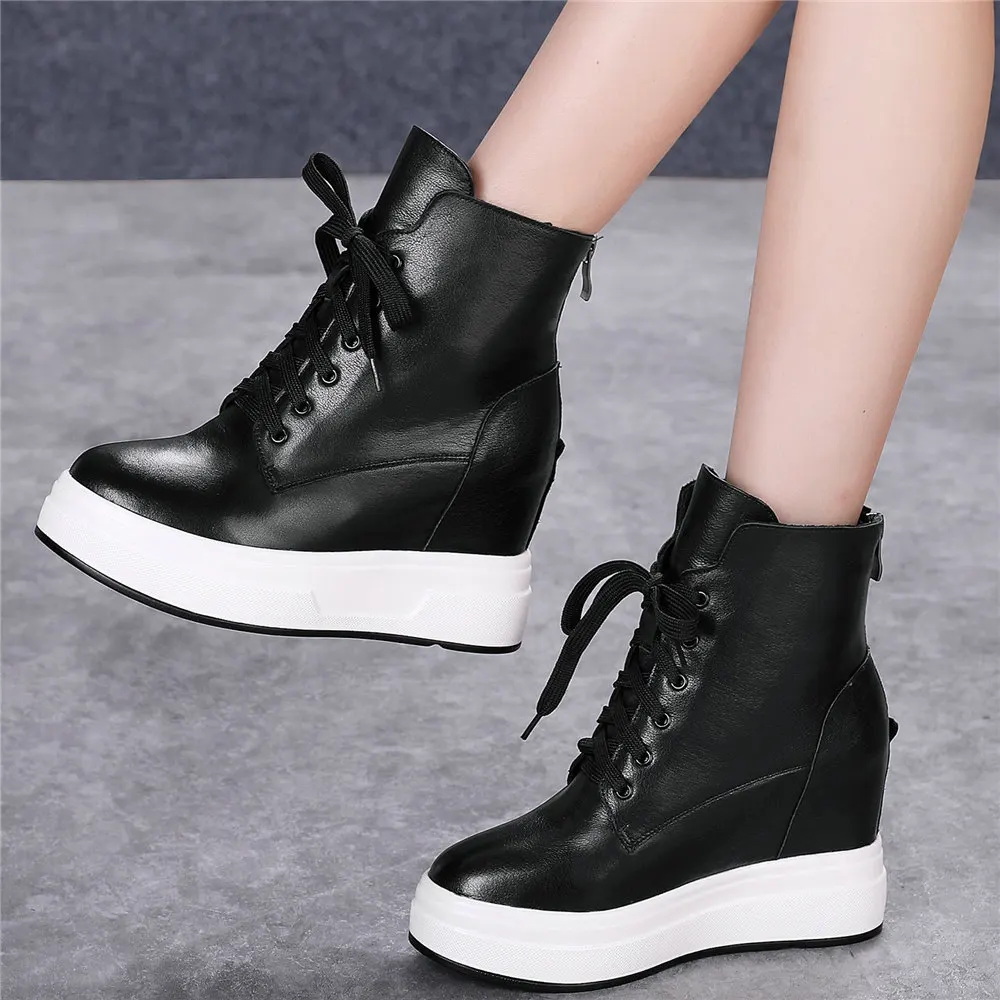 

Winter Fashion Sneakers Women Lace Up Genuine Leather Wedges High Heel Ankle Boots Female Round Toe Platform Pumps Casual Shoes