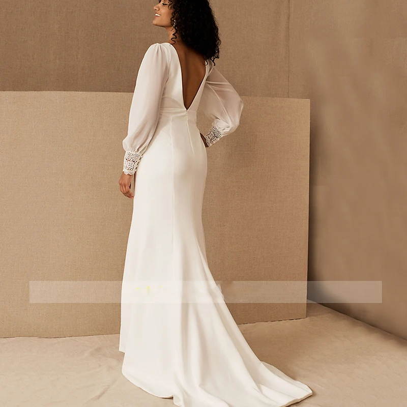 Abito da sposa con spacco laterale manica lunga Sweep Train 2024 New Robe De Square Collar Fashion guaina Cap Vestido De Novia lunghezza del pavimento