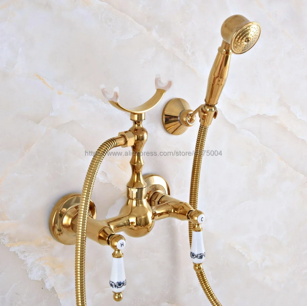 

Gold Color Brass Bathroom Shower Faucet Mixer Tap With Hand Shower Head Shower Faucet Set Wall Mounted Nna931