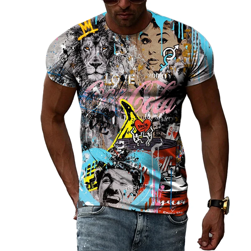 Summer New 3D Retro Graffiti T-shirts Men Fashion Casual Personality Vintage Trend Printing Round Neck Short Sleeve Tees Tops