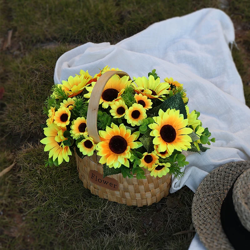 

Artificial Sunflowers Flowers With Vase Set Pot Basket Daisy Flores Bonsai For Home New year's Picnic Wedding Living Room Decor