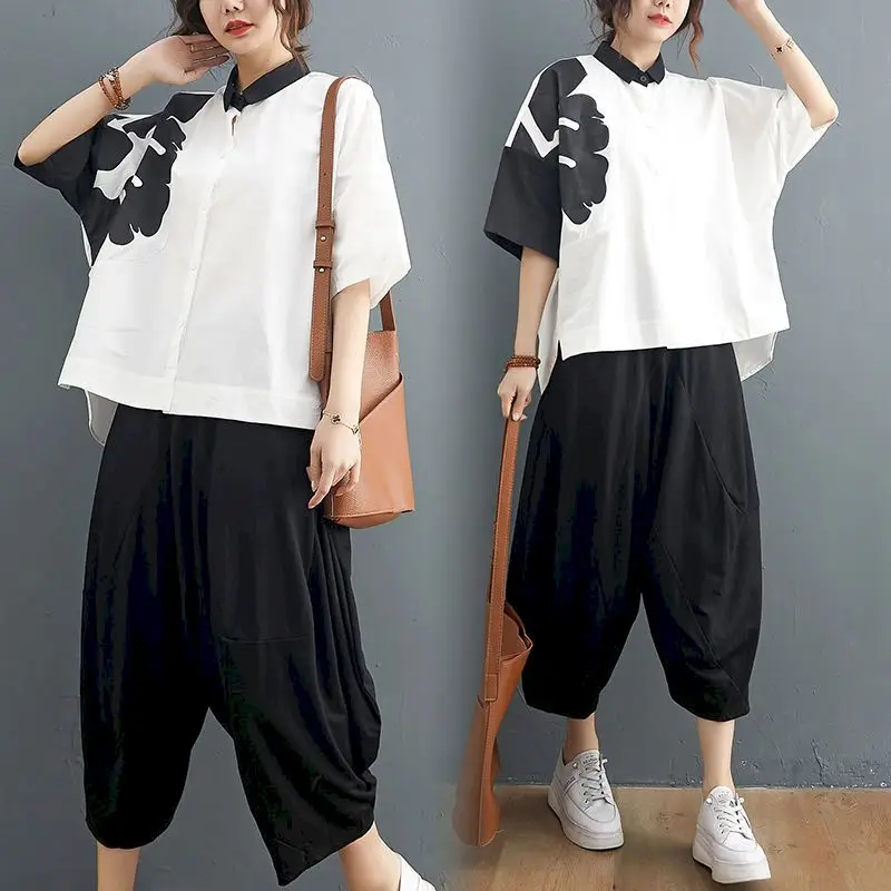 2024 Summer New Womens Suit Printing Fashion Suit Cotton Casual Short-sleeved Shirt Loose Wide-leg Pants Two Piece Set Oversized