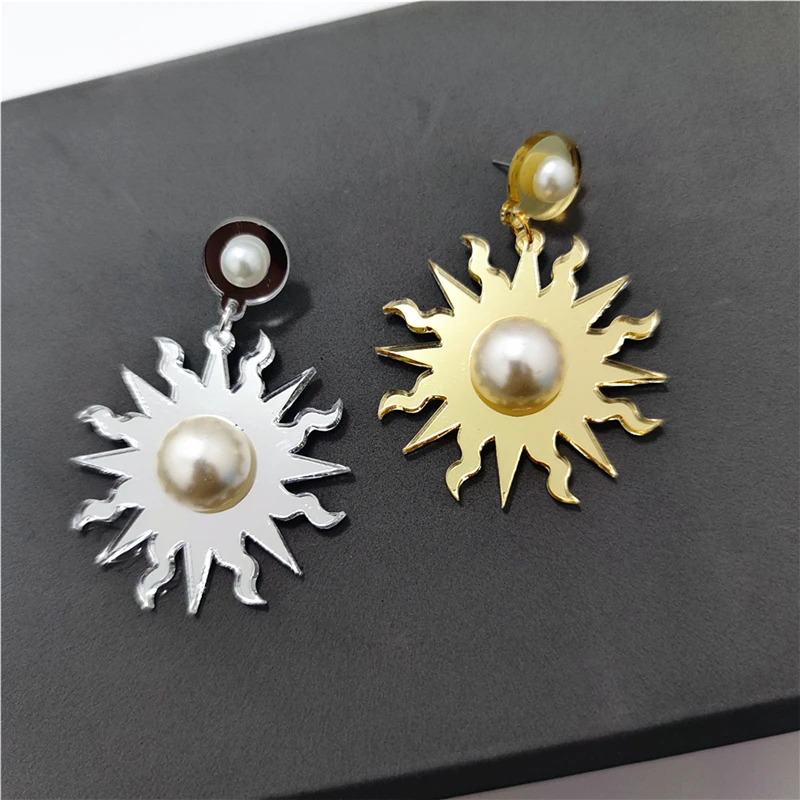 KUGUYS Round Ray Mirror Drop Earrings for Women Dangle Imitation Pearl Acrylic Jewelry Fashion Vintage Retro Gold Silver Color