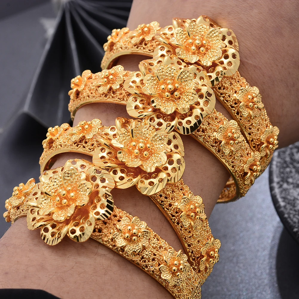 

Dubai Gold Color 24K Bangles For women wedding gifts African Cuff bracelet Bangles Beautiful luxury Flowers Bangles 4Pcs