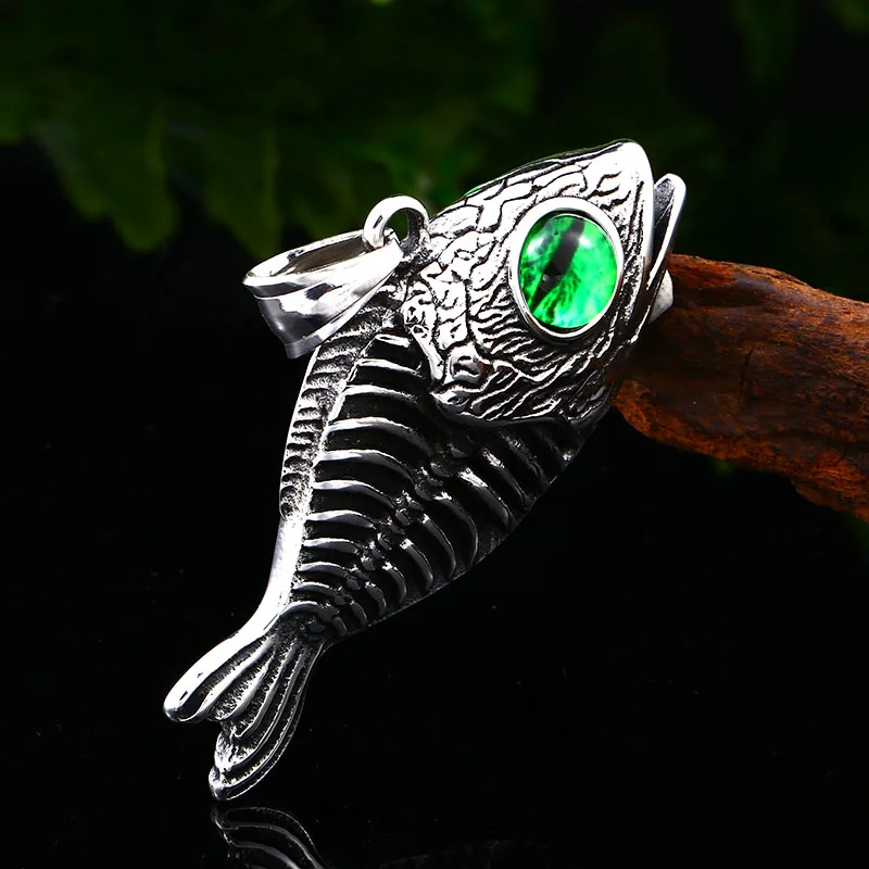 Beier 316L stainless steel Unique 3D Design Fish Bones Green Evil Eyes Men\'s Pendant Punk Animals High Quality Jewelry LLLHP093P