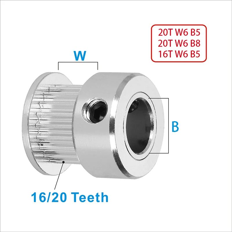 Polia de distribuição gt2, 8 peças, 4 peças de impressora 3d, 16/20 dente 2gt, furo de alumínio 5mm 8mm, peça de engrenagem síncrona para largura 6mm