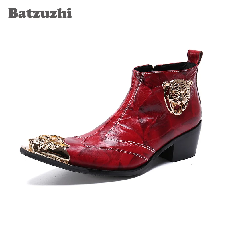 Batzuzhi Boots Men Pointed Metal Tip Luxury Leather Ankle Boots Men Zip Red Wedding and Party Boots Bota Masculina, Big US6-12