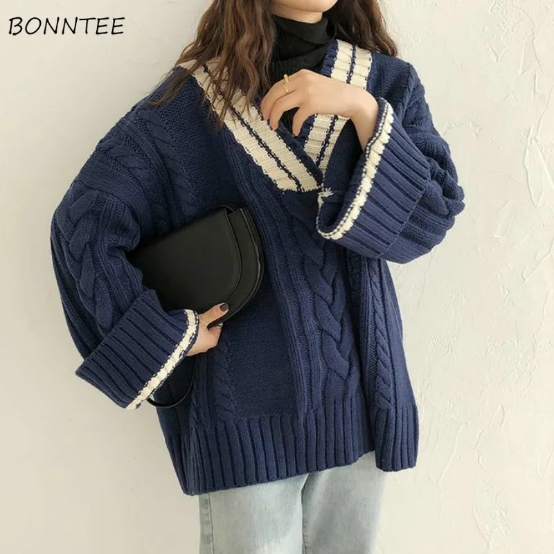 Sweaters Women Korean Patchwork Design V-neck Thicker Soft Winter Fall Vintage Flare Sleeve Lady Knitwear Preppy Femme Pullovers