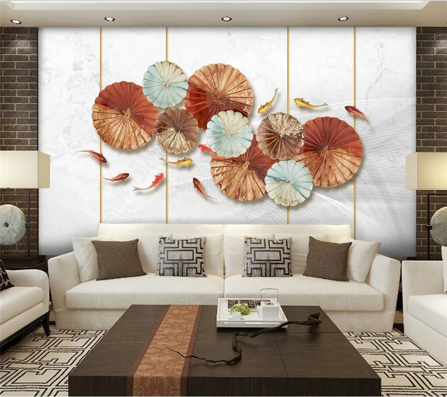 

Customized wallpaper 3d lotus leaf nine fish figure marble wall decoration new Chinese style living room papel de parede обои