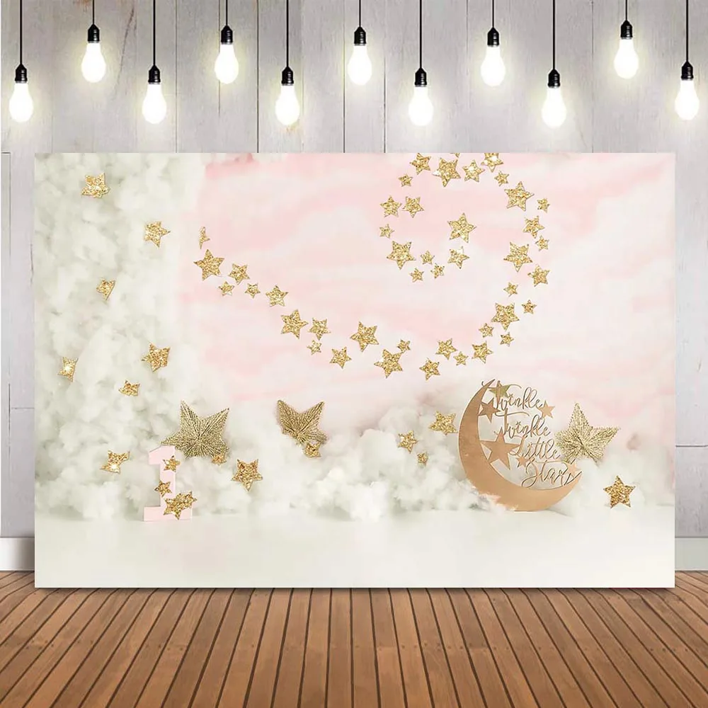 

Newborn Kids Portrait Backdrop for Photography Studio Cake Smash White Clouds Pink Sky and Glitter Stars Newborn Baby Portrait