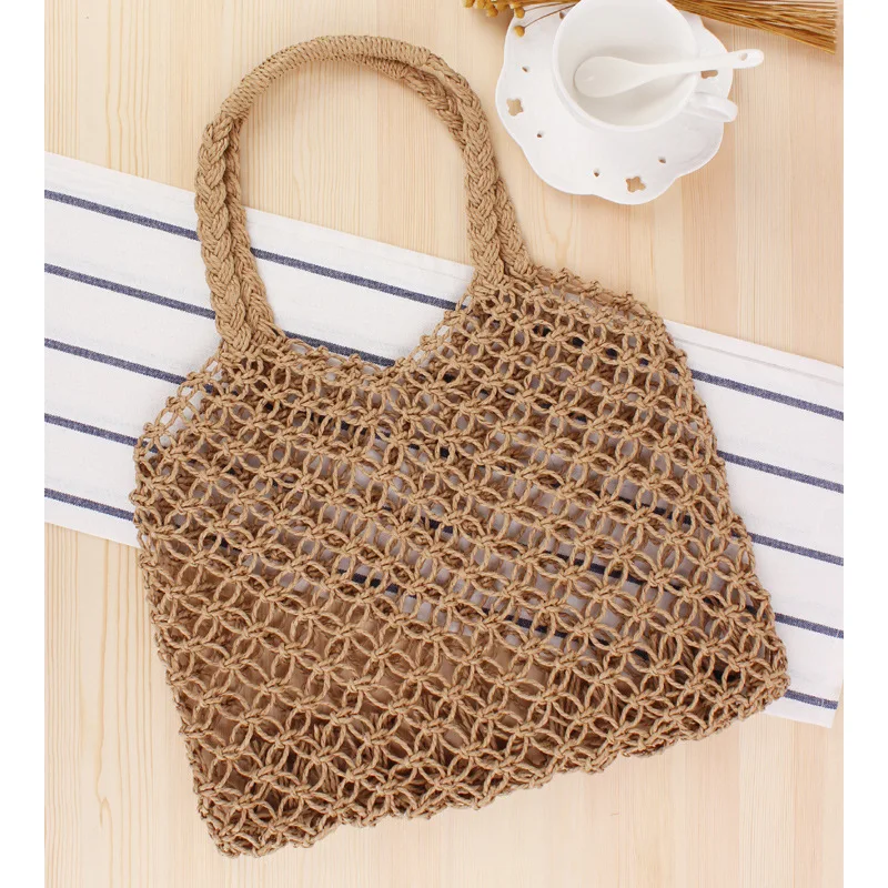 35x35CM New Ins Hollow Handbag Woven Bag Trend Female Natural Style Straw Wrapped Handmade Paper Rope Net Bag a7287