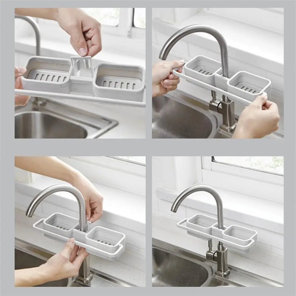 Kitchen Sink Faucet Holder Sponge Soap Cloth Storage Organizer No Drills Multi-functional Storage Drain Rack Shelf