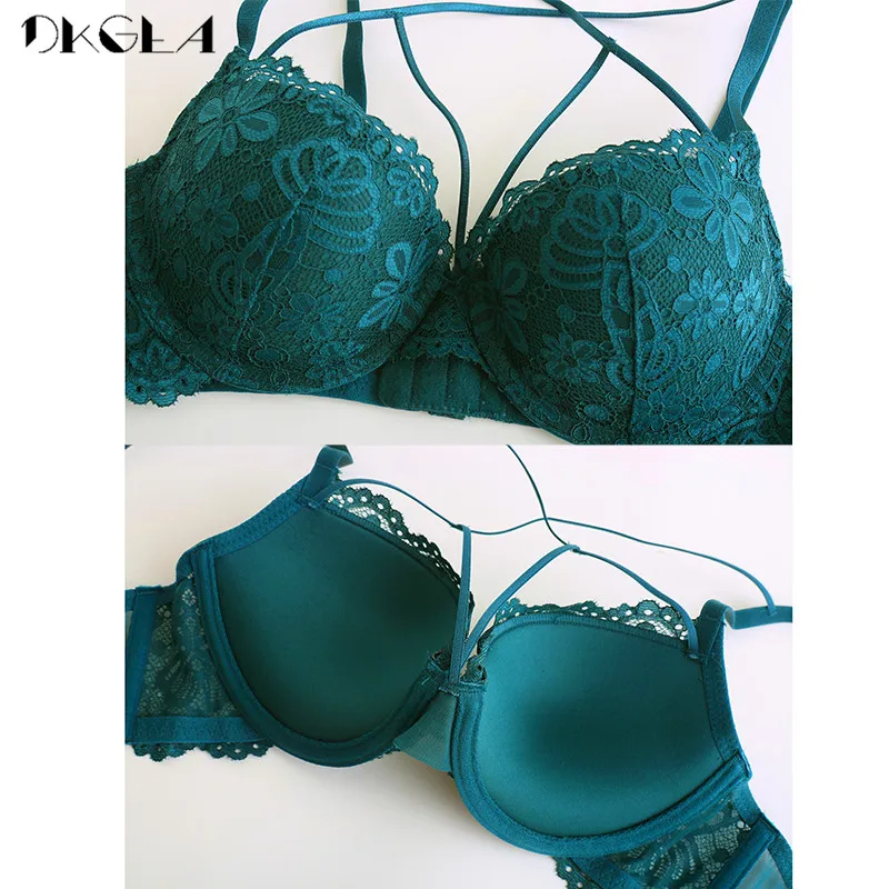 2020 New Embroidery Sexy Underwear Green Bra Set Push Up Brassiere Cotton Thick Women Lingerie Set Lace Bras Deep V Gather Black