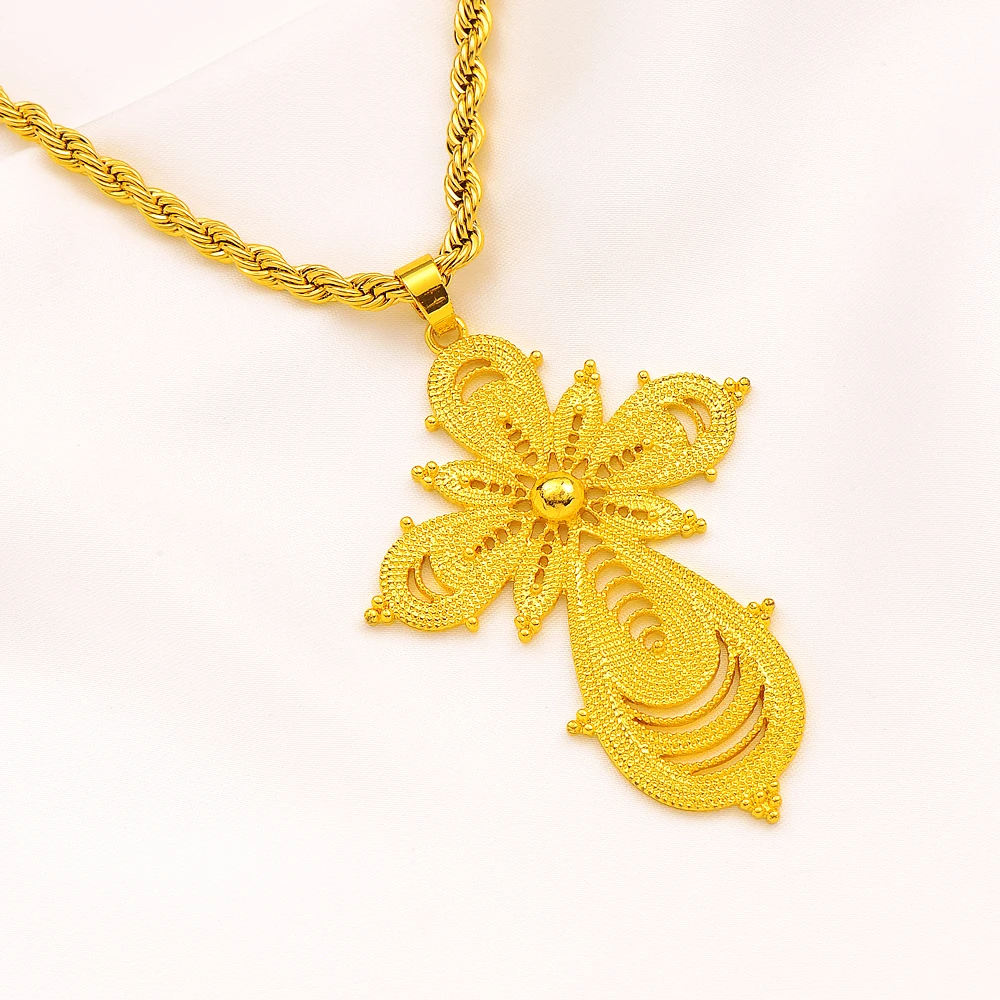 Exaggerate Ethiopian Gold Color Cross Pendant Necklace For Women Elegant Vintage Arab Africa Jewelry Wedding Gifts
