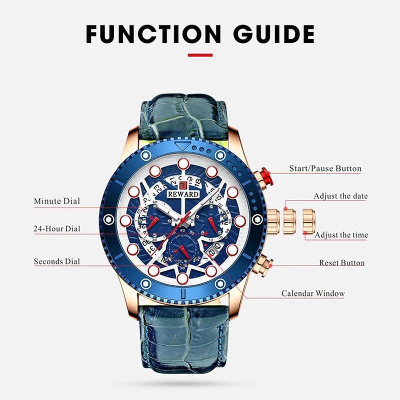 REWARD Fashion Men\'s Quartz Wristwatch Sport Waterpoof Genuine Leather Alloy Watches Chronograph Luminous Man Wrist Watches