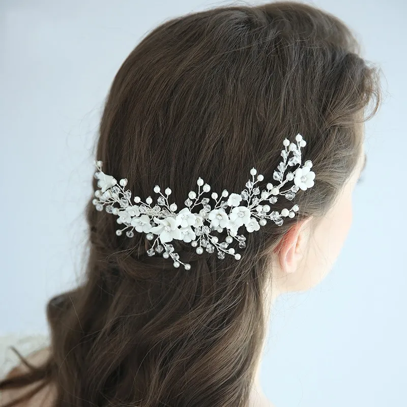 

SLBRIDAL Handmade Silver Color Rhinestones Crystal Bridal Hair Comb Pearls Creamic Flower Wedding Hair Accessories Women Jewelry