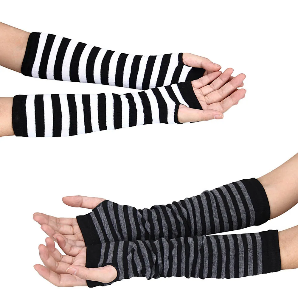 Winter Mode Gestreiften Arm Wärmer Gestrickte Weibliche Handgelenk Hand Wärmer Reine Farbe Lange Finger Handschuhe Handschuh Frauen Ärmeln – Detail 3