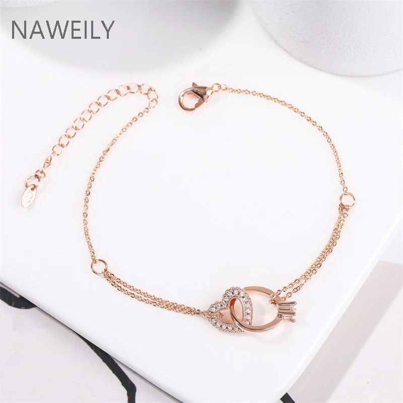 Shiny Zircon Buckle Women Bracelet Heart Circle Bracelets Copper Plated Read Gold Pulseras Bracelet Valentine's Day Gift