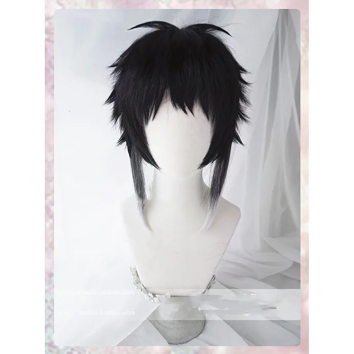 Bungo Bungou Stray Dogs Ryunosuke Akutagawa peluca corta negra con blanca, cabello resistente al calor, pelucas de disfraz de Cosplay + gorro de peluca gratis