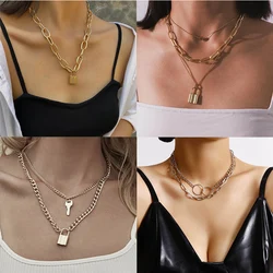 Lock Pendants Necklace for Women Exaggerated Multi-layers Chains collar Gold Color Circle necklaces collier naszyjnik cadena