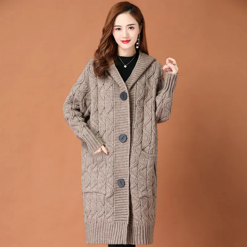 

Autumn Winter Women Cozy Wool Hooded Cardigan Sweater Dark Red Camel Single-Breasted Bulky Rib Fabric Knitwear Cable-Knit Coat