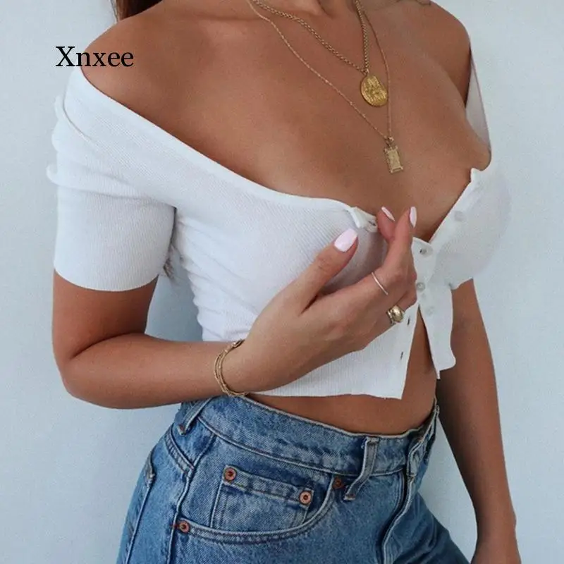 Fashion Crop Top Women Summer Solid Tank Short Sleeve Sexy V Neck Skinny Button Vintage t Shirt Knitted Short Tops Clothing