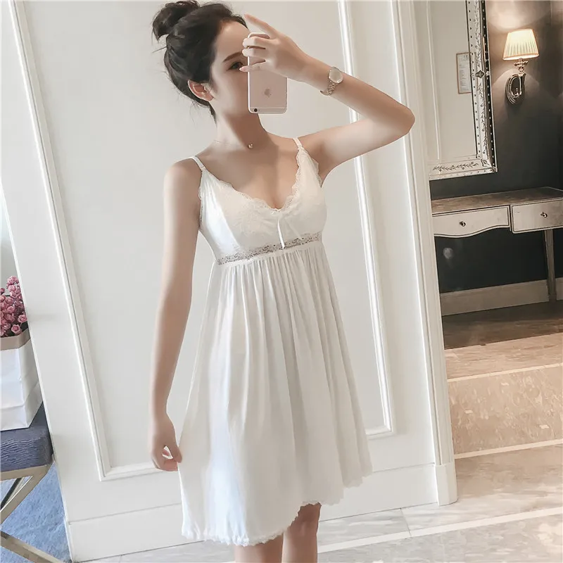 Summer New Sleepwear Nighty Sexy White Home Dressing Gown Intimate Lingerie Casual Cotton Nightgown Women Nightdress Homewear