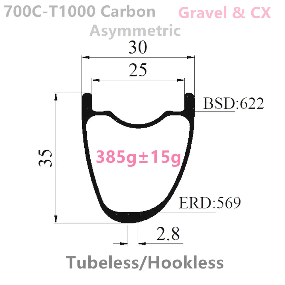 T1000 Ultralight 385g Asymmetric 30x35mm intrenal 25mm 700C Carbon Gravel CX Road Rims Hookless Tubeless compatible carbon wheel