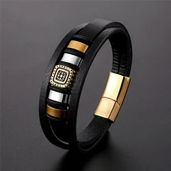 New Fashion Stainless Steel Men Bracelet Magnetic Clasp Braided Mutilayer Leather Bracelet Punk Rock Bangles Man Jewelry Gift