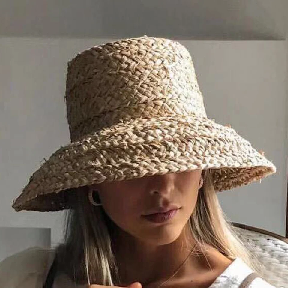 Hand-made Raffia Straw Hat For Women Retro Flat Big Brim Straw Hat Ladies Outdoor Sun Protection Beach Summer Hats With Ribbon