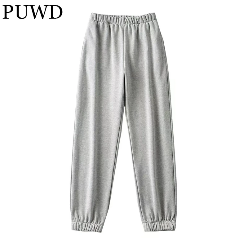 

PUWD Women Jogging Pants High Waisted Solid Color 2022 Spring Fashion Ladies Casual Pant Pockets Female Vintage Trousers