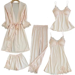 Mulheres Satin Lace Pijamas Set, Strap Top, Calças, Pijamas, Fato sono, Home Wear, Pijamas, Robe Gown, Primavera, Outono, M-XXL