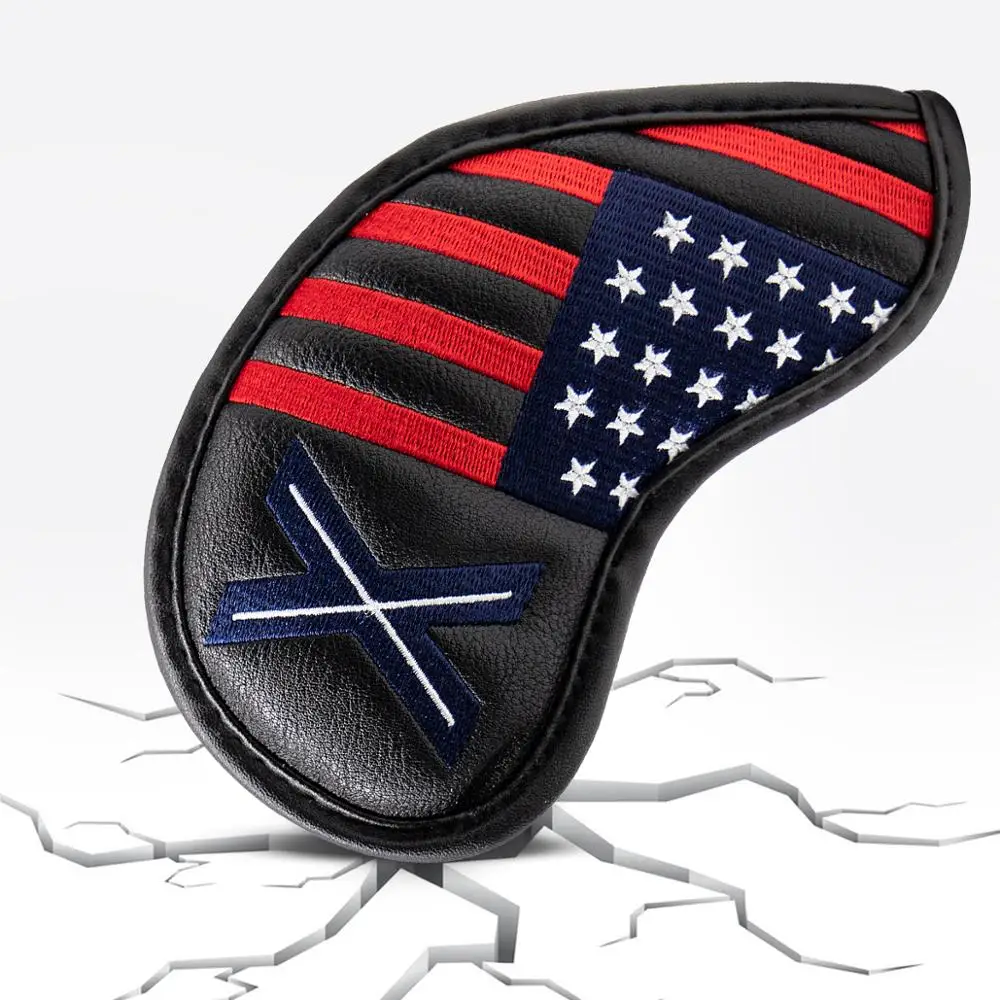 Aliennana Golf Iron Club Covers Set, Black, USA American Flag, Over Size 4-9,P, 10Pcs Set