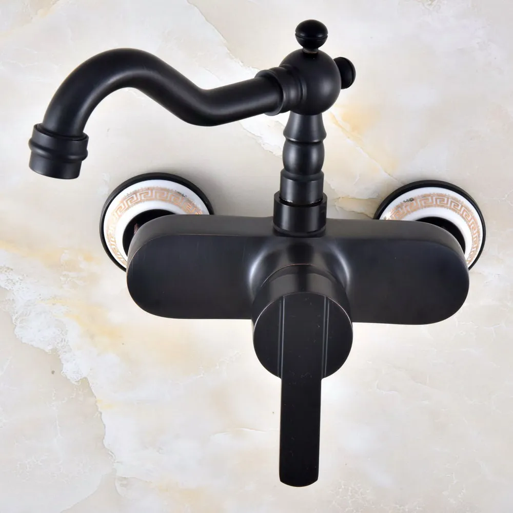 

Black Oil Rubbed Bronze Two Ceramic Base Wall Mounted Bathroom Kitchen Sink Faucet Swivel Spout Mixer Tap Single Lever anf874