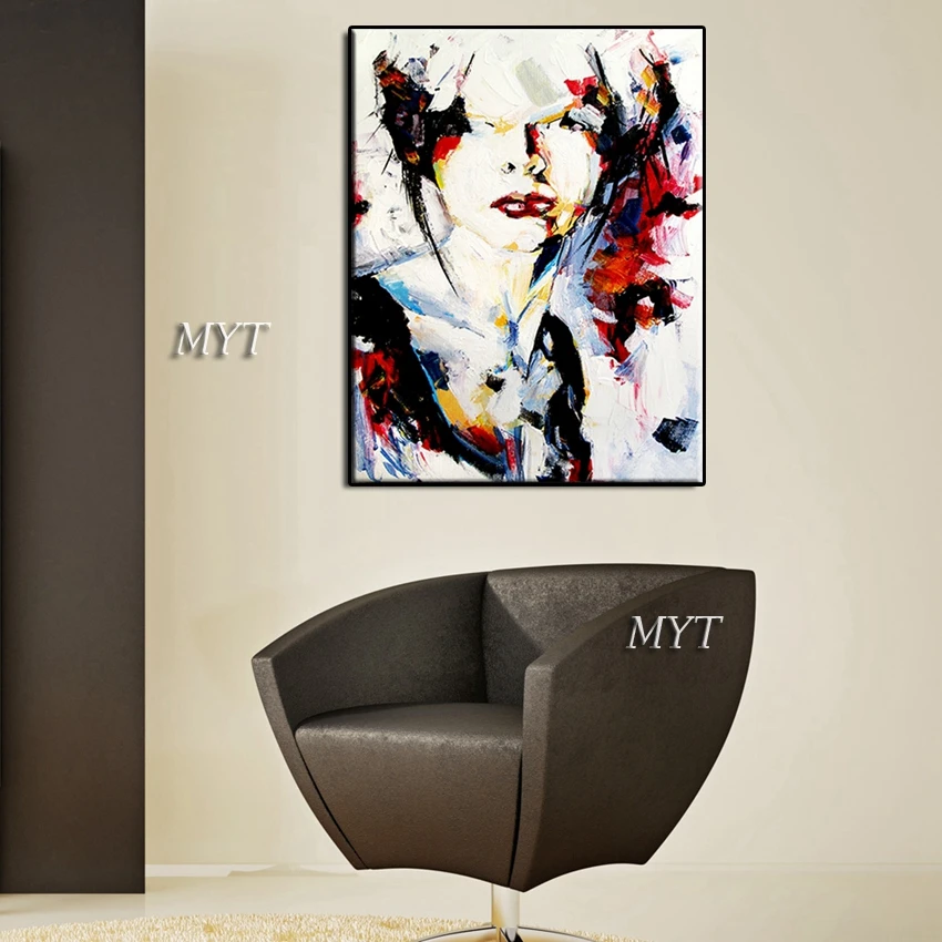 100% hand-painted, large female head abstract art, painting murals, living room decoration.