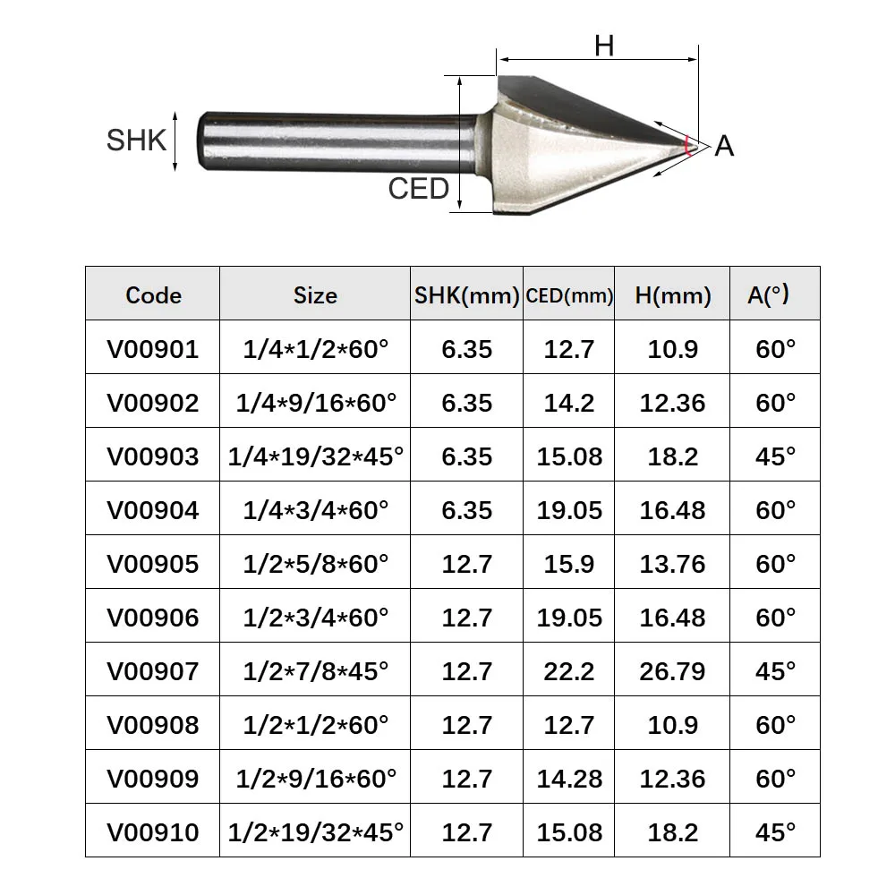 Tungsten Carbide V Bit  45 60 Degree 3D V-Shaped Engraving Router Bit CNC Woodworking Tool for Hardwood MDF Plywood