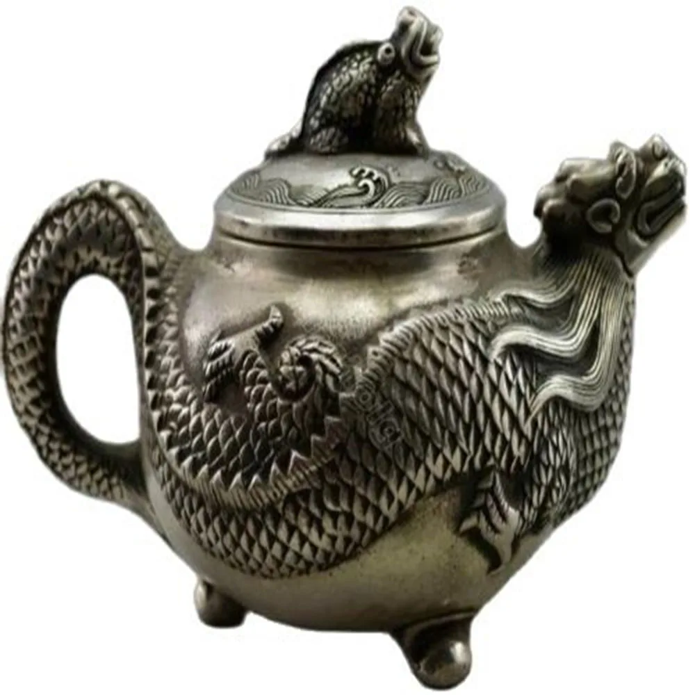 

MOEHOMES Collectible Decorated Miao silver dragon carved decorative handmade teapot home decoration Metal crafts Tea Pot