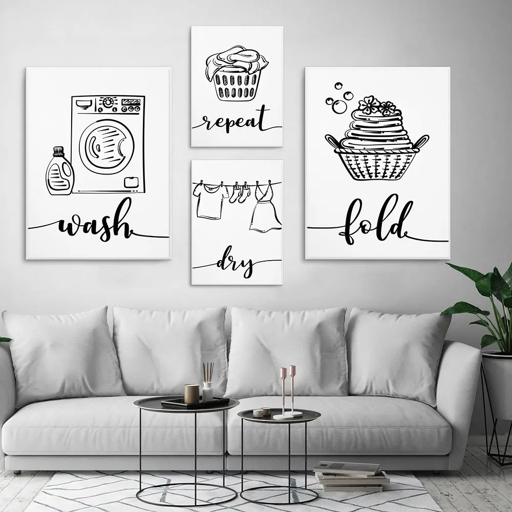 Black and White Wall Art Canvas Print Wash Dry Fold Repeat Laundry Sign Picture Nordic Poster Modern Home Decoration Mural